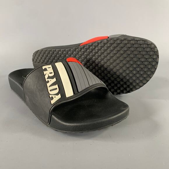 PRADA Size 8 Black & White Logo Rubber Slide Sandals main image 5